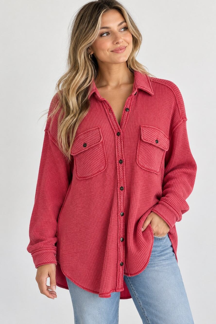 Aerie Waffle Knit Oversized Button Down Shacket Pink Red Small Cotton Blend